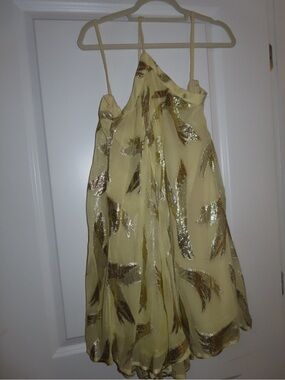 Anthropologie Pale Yellow Dress with Gold Metallic Feather Detail